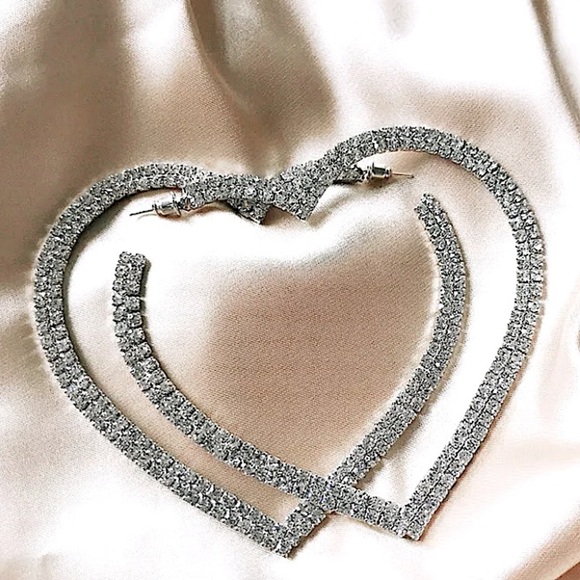 White Gold Plated Oversized Diamond Heart Hoop Earrings - Picture 12 of 14